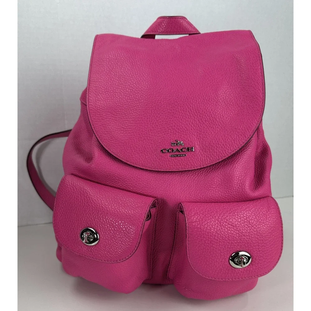 Coach Billie Pebbled Leather Backpack Purse Hot Pink Bag Turnlock Pockets - Picture 16 of 16
